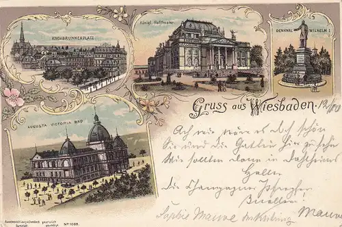 AK Wiesbaden Augusta Victoria Bad Hoftheater Denkmal Litho gel 1898 Hessen