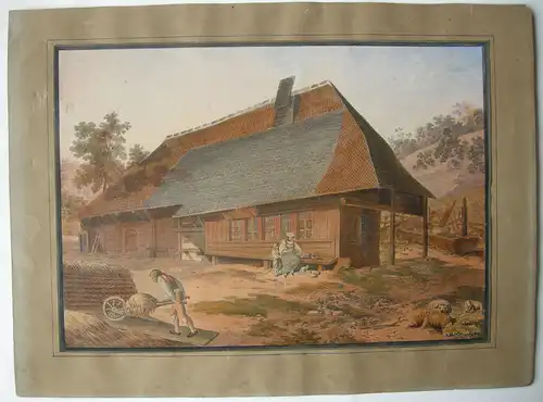 Bäuerliches Schwarzwaldhaus Holzarchitektur handkolor Orig Radierung 1840