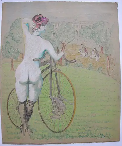 Karen Roch (XX) Dame mit dem Fahrrad Orig. Pastell signiert 1976