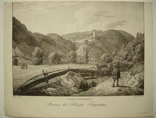 Ruine Freienstein Niederösterreich Orig Lithographie Alt Kunike 1824 Donau