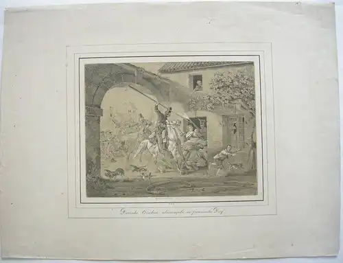 Peter v Hess (1792-1871) Donkosaken überfallen franz Dorf Orig Lithografie 1818
