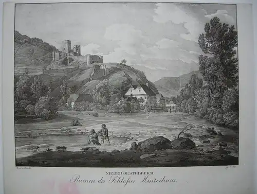 Schloß Hinterhaus Niederösterreich Orig Lithographie Alt Kunike 1824 Donau