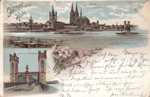 AK Köln Ansicht von der Schiffbrücke Eisenbahnbrücke Litho gel 1896