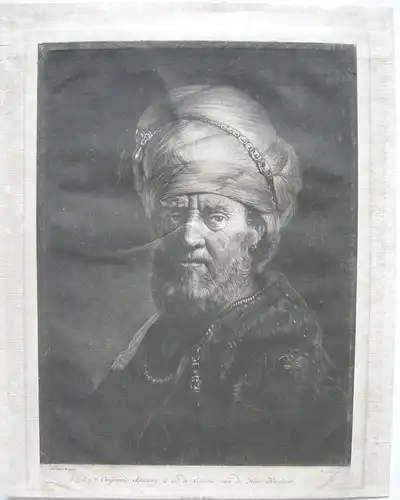 Pieter Louw (1720-1800) Mann mit Turban Orig Mezzotinta nach Rembrandt 1780
