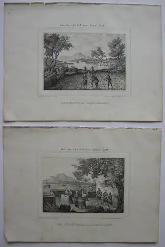 Reis Pflanzung Sieben und Mahlen 2 Orig. Lithografien 1842 Getreide Asien