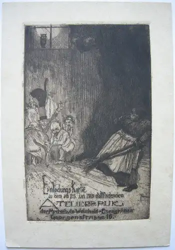 Richard Thiede (1883-1955) Einladung Atelierspuk Malschule Weinhold München 1913