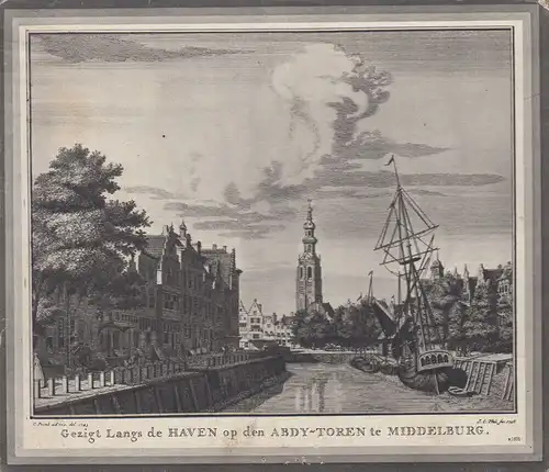Middelburg Niederlande Ansicht entlang des Hafens Orig Kupferstich 1746 J. Phil