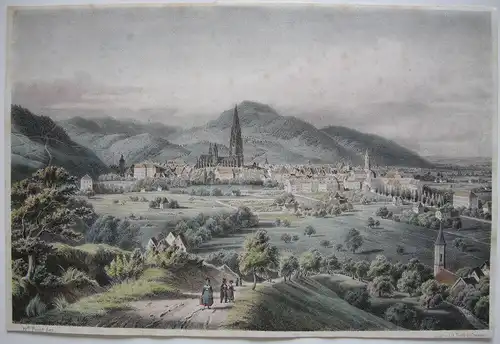 Freiburg Gesamtansicht aus der Ferne Orig. Lithografie Friedrich Pecht 1850