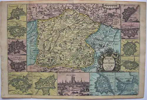 Herzogtum Bayern altkolor. Orig. Kupferstichkarte Ansicht München 1706 Feuille