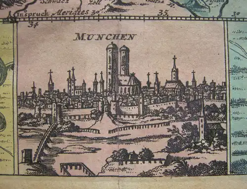 Herzogtum Bayern altkolor. Orig. Kupferstichkarte Ansicht München 1706 Feuille