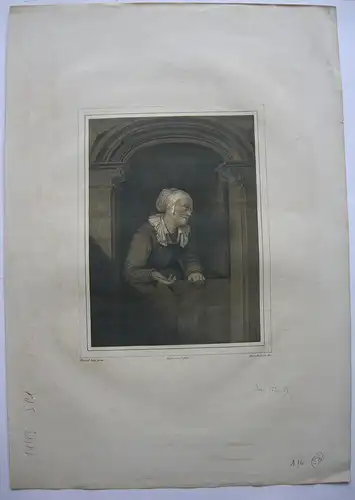 Franz Dahmen (1790-1865) Alte Frau an der Tür Inkunabel Lithografie 1820 G. Dou