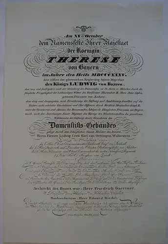 Einblattdruck Grundsteinlegung Damenstifts-Gebäude München F. Gaertner 1835