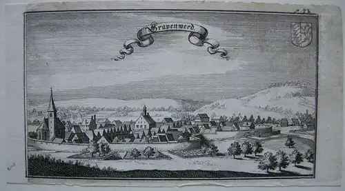 Grafenwöhr Niederbayern Orig. Kupferstich von Ertl 1690 Gesamtansicht Passepart