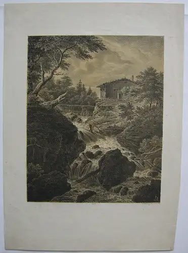 Johann Jak Dorner (1775-1852)  Wasserfall Holzbrücke Mühle Inkunabel Lithografie