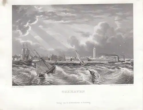 Cuxhaven Gesamtansicht vom Meer Orig Stahlstich Grünewald 1850 Niedersachsen