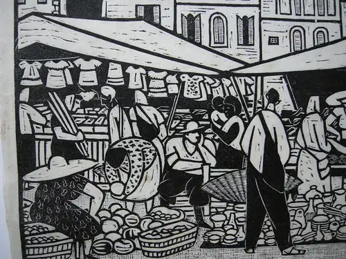 albert Heinzinger (1911-1992) Markt in Martigues Orig Holzschnitt signiert 1957