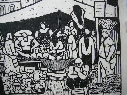 albert Heinzinger (1911-1992) Markt in Martigues Orig Holzschnitt signiert 1957