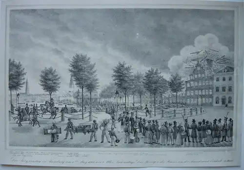 Hamburg Jungfernstieg Feuersbrunst Orig. Lithografie Peter Suhr 1842