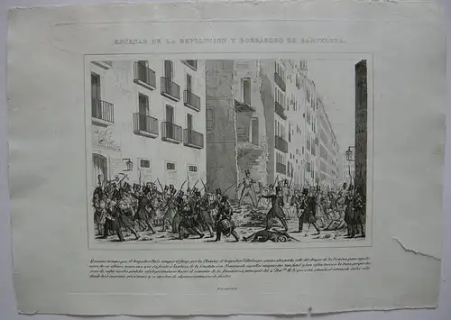 Barcelona Escenas Revolucion Bombardeo 7 grabados en cobre 1842 Catalunya Roger
