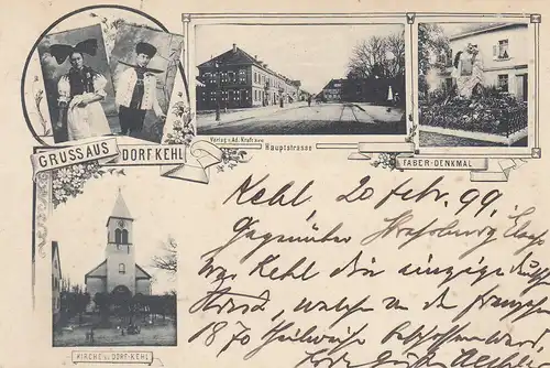 Ak Dorf Kehl Kirche Hauptstrasse Trachten Freiburg Ortenau-Kreis gel 1899