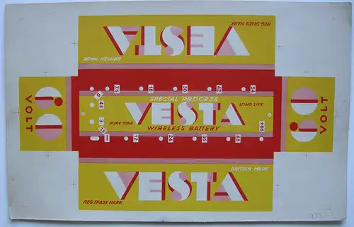 VESTA Wireless Battery Verpackung Probedruck 1930 Reklame Publicity Lithografie