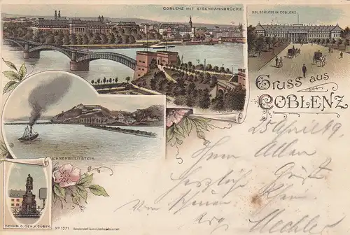AK Koblenz Kgl. Schloss Ehrenbreitstein Güben Litho gel 1899 Bahnpoststempel