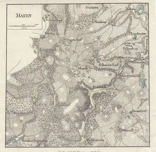 Maxen Ploschwitz Schlottwitz Sachsen kolor Orig Kupferstichkarte 1838