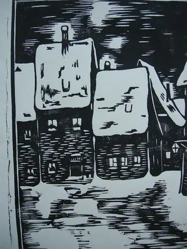 O Heinsius ((1892-1976)  Verschneite Dorfpartie Orig Linolschnitt 1930 signiert