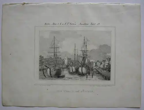 Trave bei Lübeck Schleswig Holstein Orig Lithografie 1842 Schiffahrt