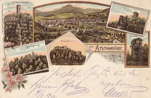AK Annweiler Trifels Ambos Windelbrunn Madenburg Scharfenberg gel 1900 Weinstr
