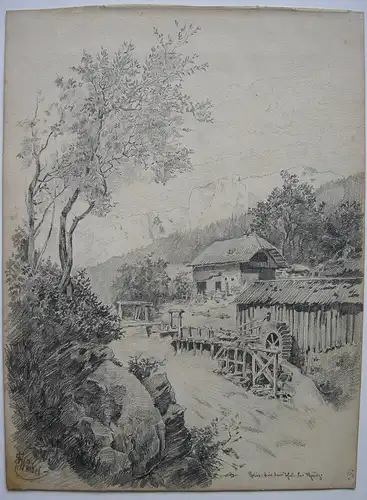 F. Waibel Mühle und Gehöft im Mürztal Steiermark Orig Bleistiftzeichnung um 1880