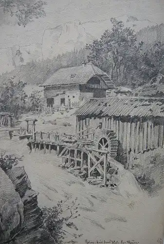 F. Waibel Mühle und Gehöft im Mürztal Steiermark Orig Bleistiftzeichnung um 1880