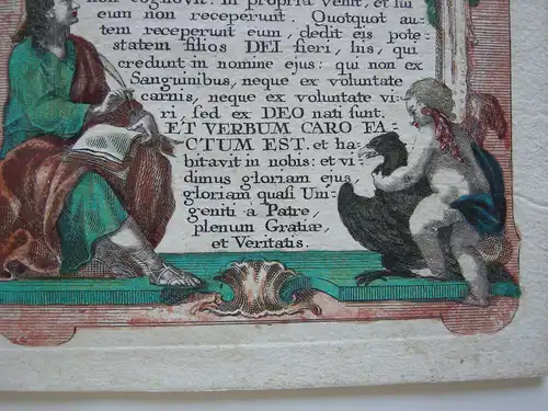 Johannes Evangelium Prolog Schmuckrahmen kolor. Orig Kupferstich 1780