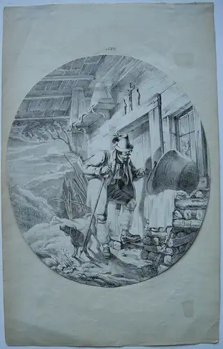 Wilhelm Gail (1804-1890) Jäger besucht Sennerin Orig Lithografie 1860