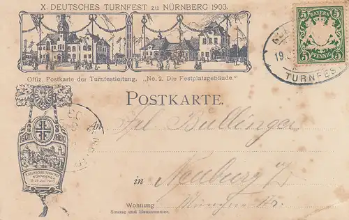 AK Nürnberg X. Deutsches Turnfest Willkommensgruß Litho gel 1903 Mittelfranken