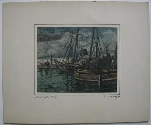 Franz Abony (?) Fischkutter im Hafen Pastell-Kohle Studie 1914 signiert Wien