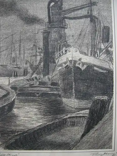 Franz Abony (?) Schiffe im Hafen Kohle Studie 1914 signiert Wien