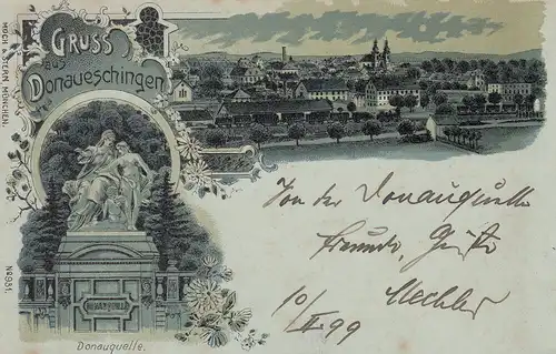 AK Donaueschingen Donauquelle Mondscheinkarte gel 1899 Baden Württemberg Litho