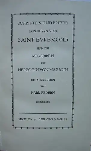 Briefe Evremond memoiren Mazarin Georg Müller  Halbleder 1912 Bibliophilie 2 Bde