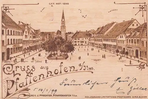 AK Pfaffenhofen Hauptplatz Holzbrand-Imitations-Karte gel 1899 Oberbayern