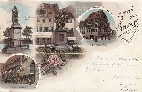 AK Nürnberg Dürer-Haus Denkmal Bratwurstglöcklein Litho Mittelfranken gel 1896