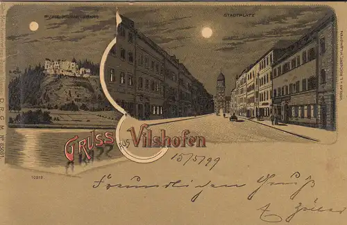AK Vilshofen Ruine Hauptstraße Stadttor Mondscheinkarte Litho gel 1899 Niederbay