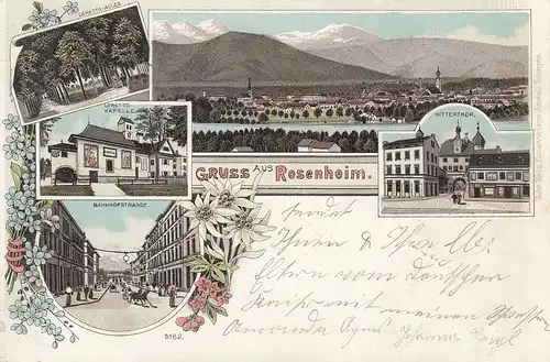 AK Rosenheim Ansicht Loretto-Allee Kapelle Bahnhofstr Mitterthor Litho gel 1898