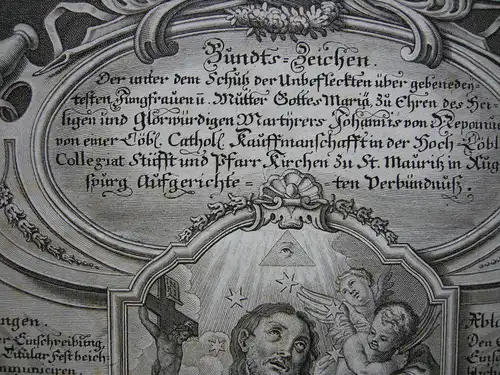 Bruderschaftsbrief Hl. Nepomuk St. Moritz Augsburg Orig Kupferstich Kleinschmidt