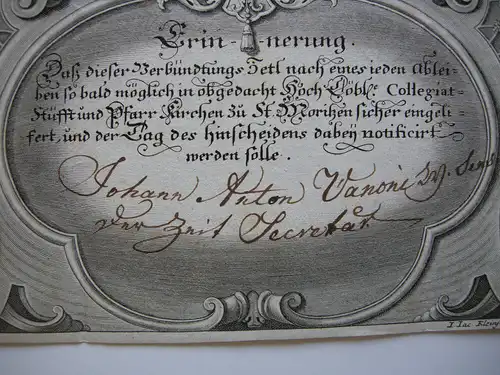 Bruderschaftsbrief Hl. Nepomuk St. Moritz Augsburg Orig Kupferstich Kleinschmidt
