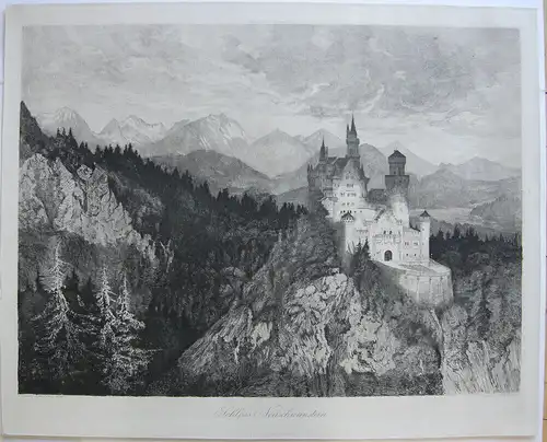 Leo Arndt (1857-1945) Neuschwanstein Orig Radierung 1901 Ludwig II. Allgäu