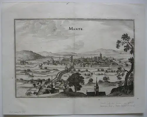 Mantes-la-Jolie Ile-de-France Gesamtansicht M. Merian 1646 Orig Kupferstich