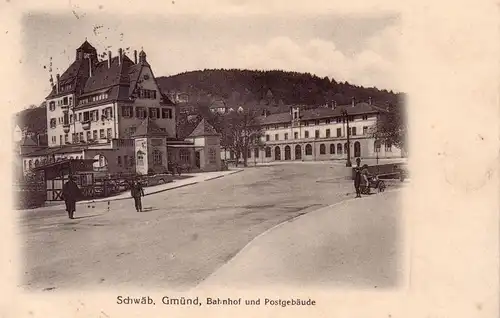 AK  Schwäbisch Gmünd Bahnhof Postgebäude Baden Württemberg gel 1914