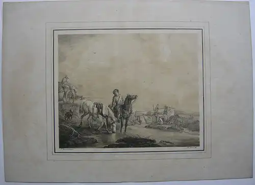 Karl Wilh von Heideck (1788-1861) Pferde am Fluss Lithografie 1818 Wouwerman