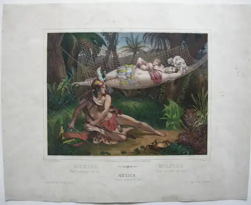 Mexico Familie überrascht von Löwen Orig. Lithografie Maurin Turgis 1830